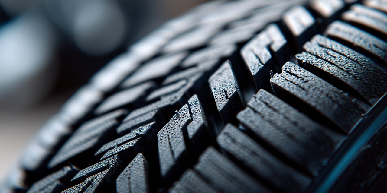 Close up of a car tire tread showing detailed texture and pattern - grip and road safety.
