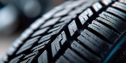 Close up of a car tire tread showing detailed texture and pattern - grip and road safety.