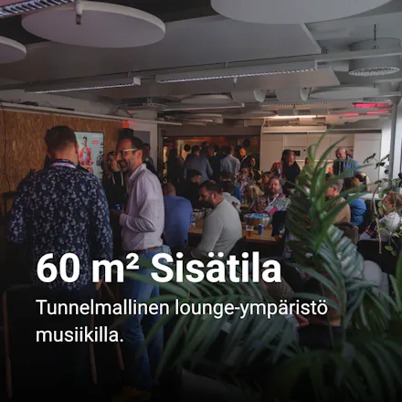 60 m² Sisätila: Tunnelmallinen lounge-ympäristö musiikilla.