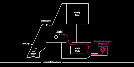 Kulkuohjeet Loikan Premium Loungeen. Katkoviiva ohjeistaa Joen pohjapiirrustuksessa Cafe Wision ohi A-rapun hisseille ja sieltä U-kerrokseen.