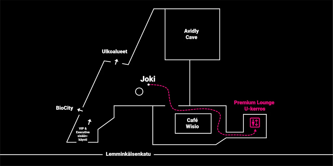 Kulkuohjeet Loikan Premium Loungeen. Katkoviiva ohjeistaa Joen pohjapiirrustuksessa Cafe Wision ohi A-rapun hisseille ja sieltä U-kerrokseen.