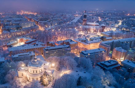 High angle aerial view of the old Vartiovuori observatory building in Turku Finland