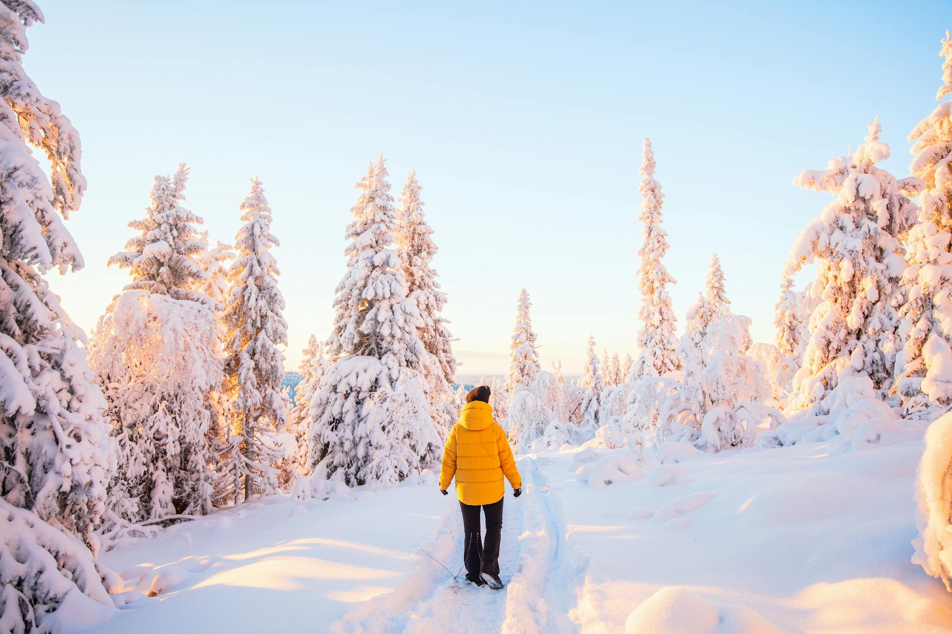 A woman in winter forest in Finland