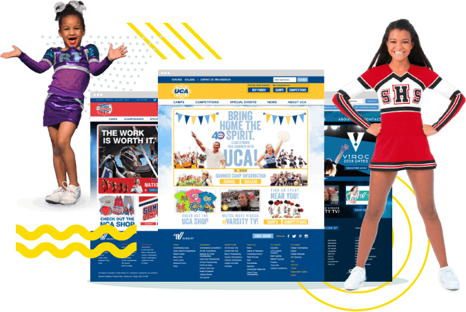 Varsity website screenshot with cheerleaders and graphics from improved brand experience