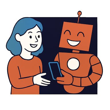Lokion robot and human talking about a mobile phone