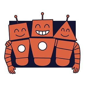Three illustrated Lokion robots with arms around each other