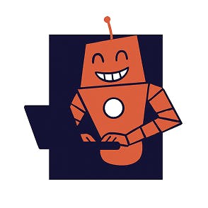 Lokion robot working on a computer and smiling