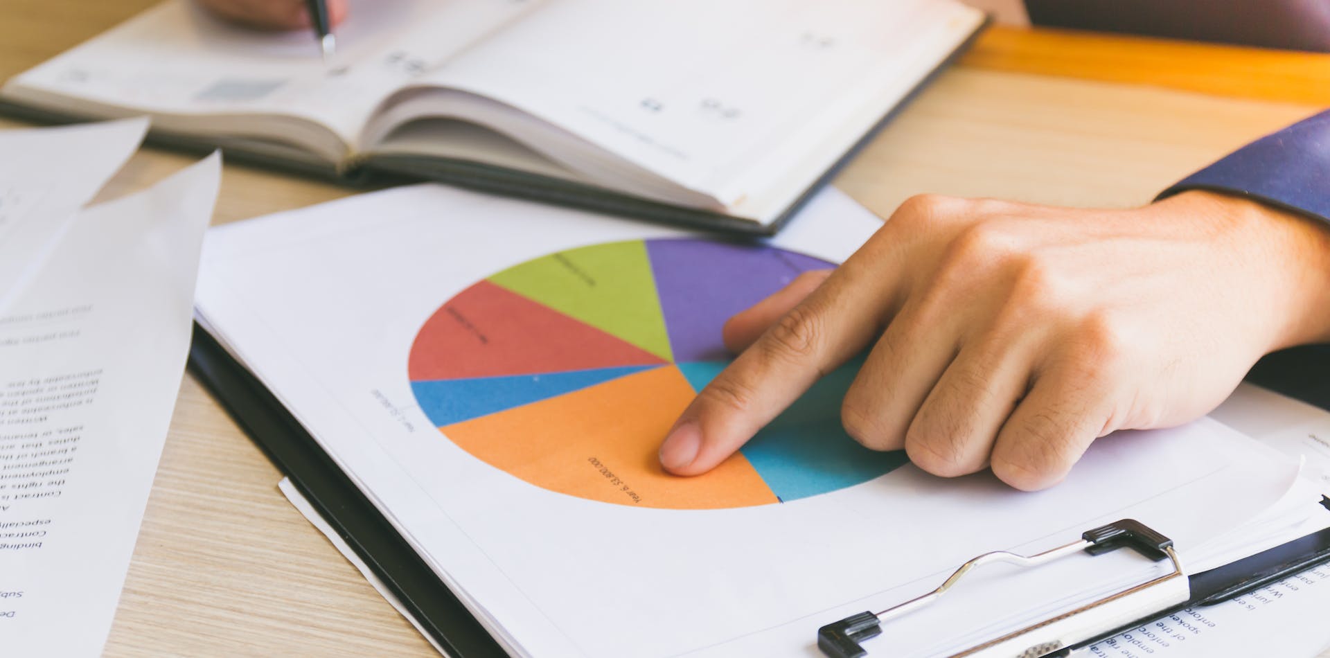 Team reviewing pie chart measurements