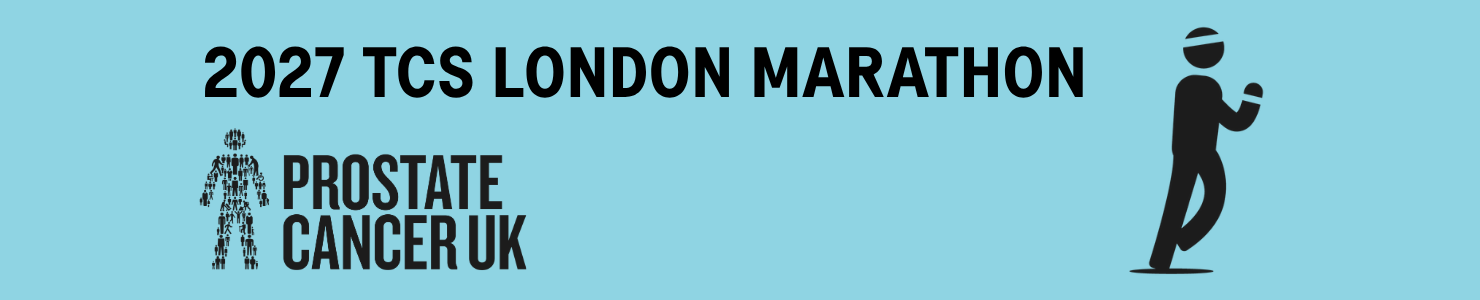 TCS London Marathon 2027 banner featuring the Prostate Cancer UK logo and a running figure icon.