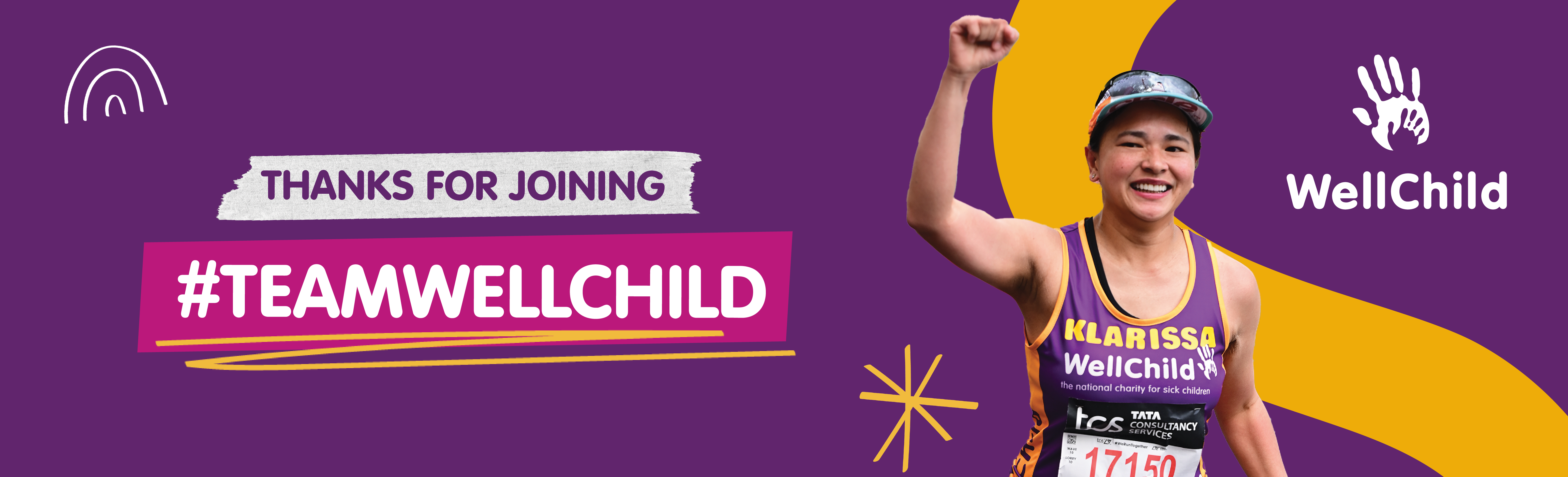 Team WellChild participant raising an arm beside a “Thanks for Joining #TeamWellChild” welcome message on a purple background.