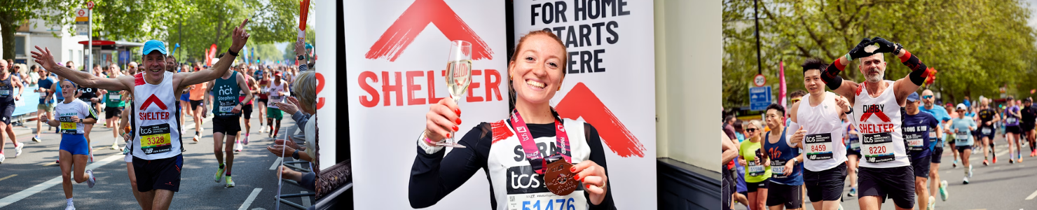 Shelter charity runners taking part in a road race, celebrating on the course and showing medals at the finish.