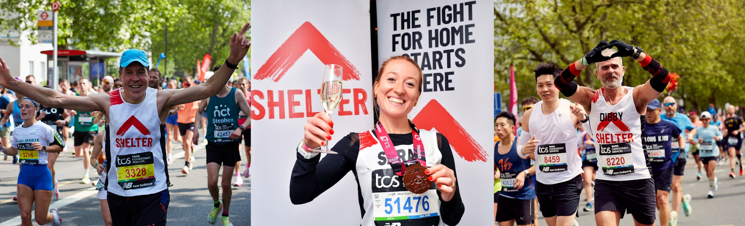 Shelter charity runners taking part in a road race, celebrating on the course and showing medals at the finish.