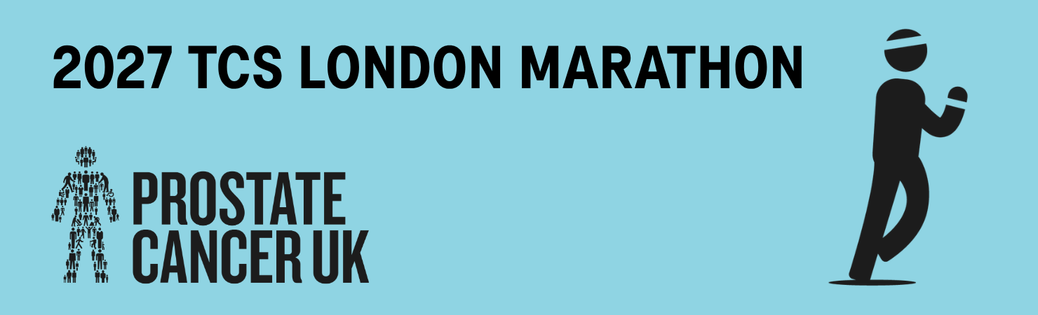 TCS London Marathon 2027 banner featuring the Prostate Cancer UK logo and a running figure icon.