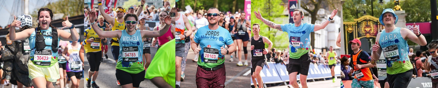 Collage of five charity runners taking part in a road race, wearing matching Alder Hey charity vests and crossing different points of the course.
