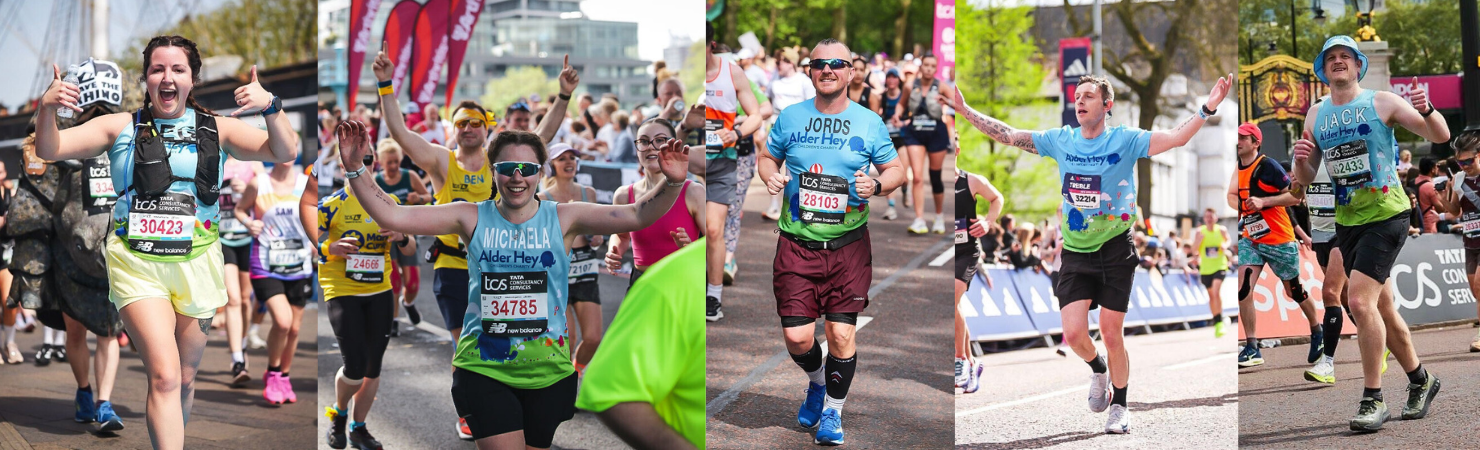 Collage of five charity runners taking part in a road race, wearing matching Alder Hey charity vests and crossing different points of the course.