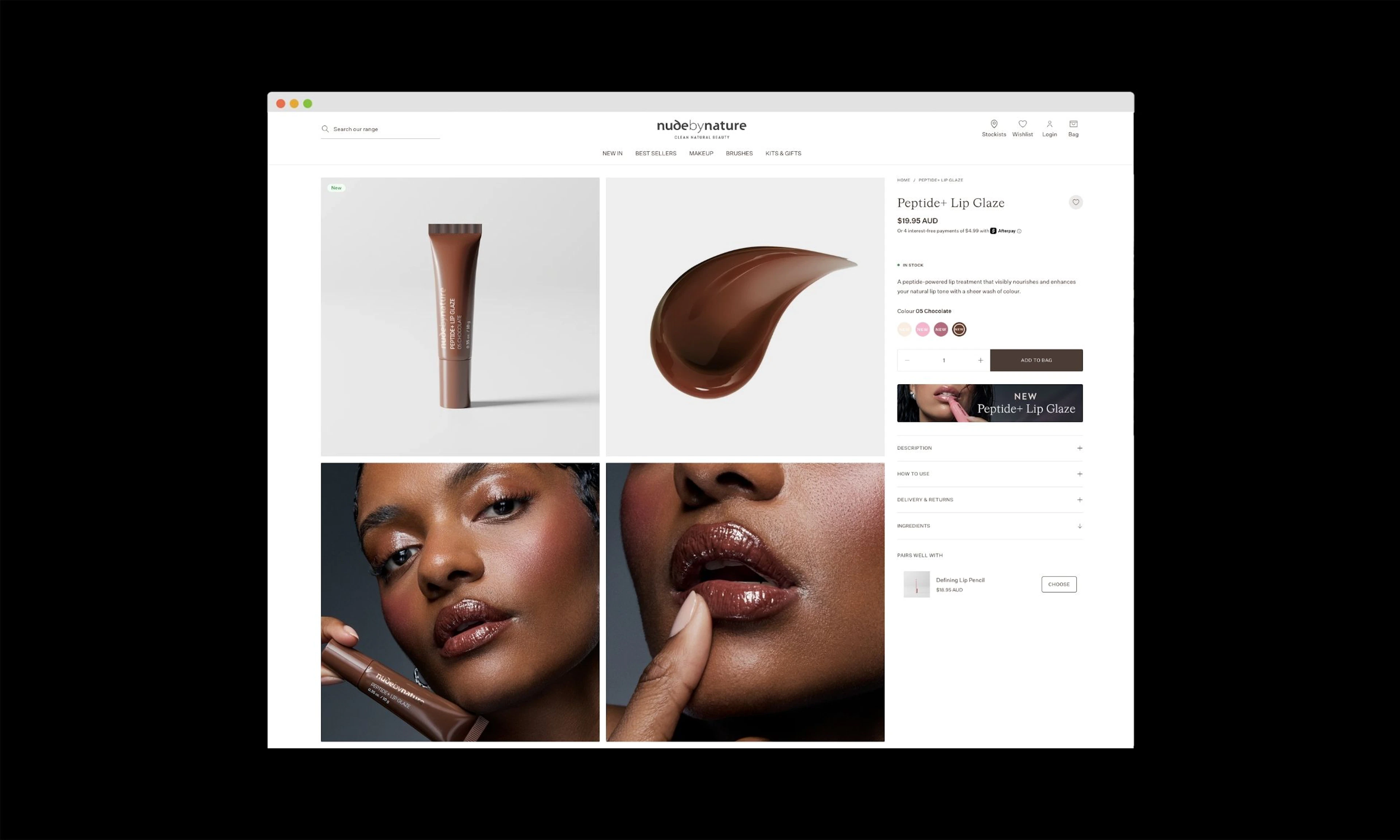 A web mockup on a black background showing a Nude by Nature online product listing with photos from a lip glaze beauty photography campaign