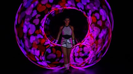 LED hula-hoop wedding-show with glowing hearts.