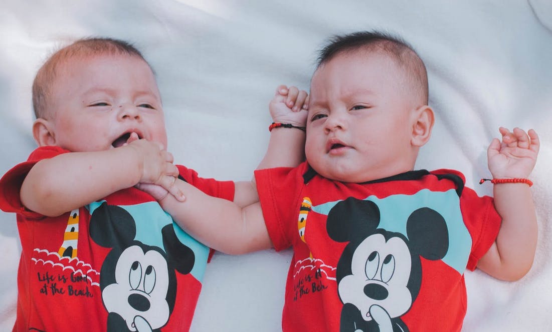 twin boys on a blanket holding hands