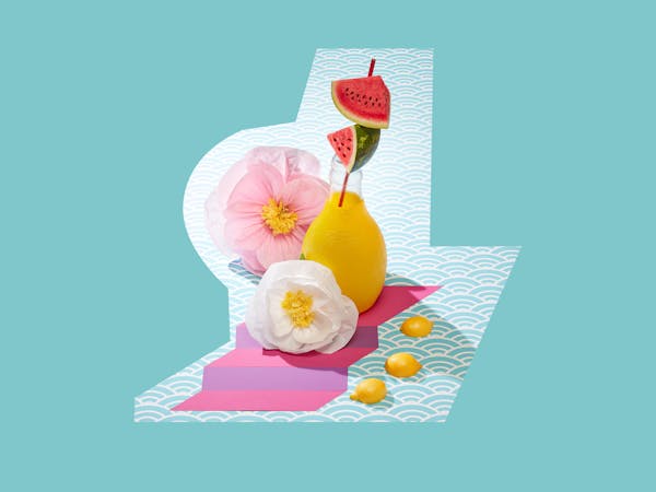 Flowers with an Orangina bottle on a light blue background with an endless waves pattern