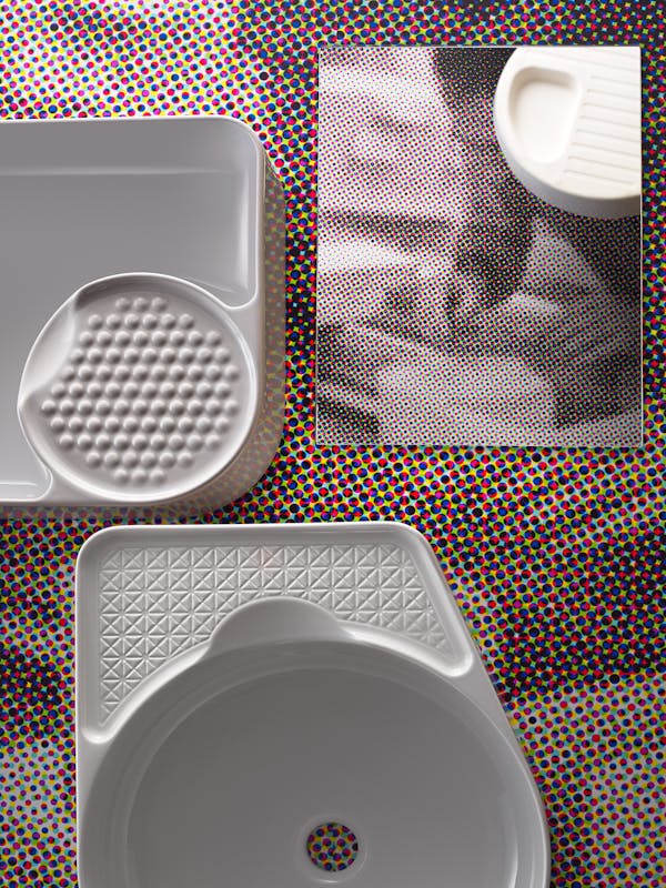 Top view onto a table with wash basins by German designer Konstantin Grcic