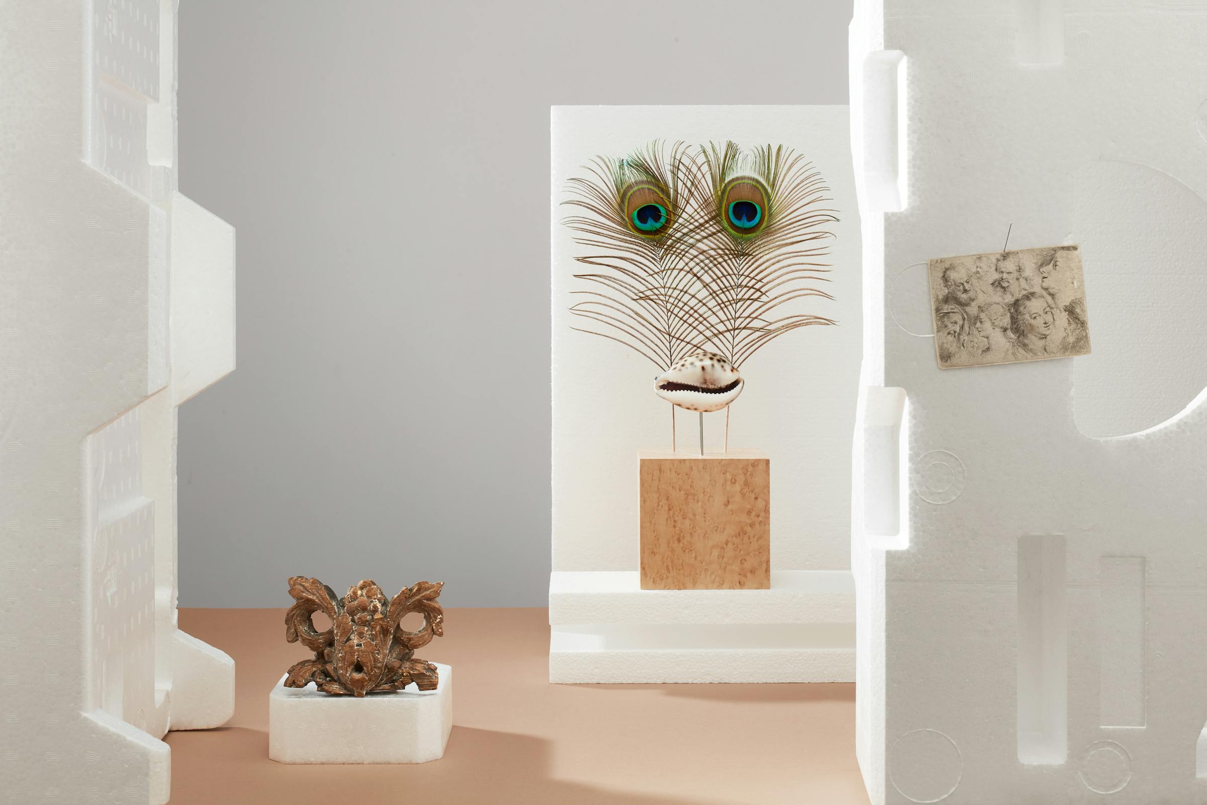 Art object made out peacock feathers that looks like two eyes in an abstract set with white styrofoam objects