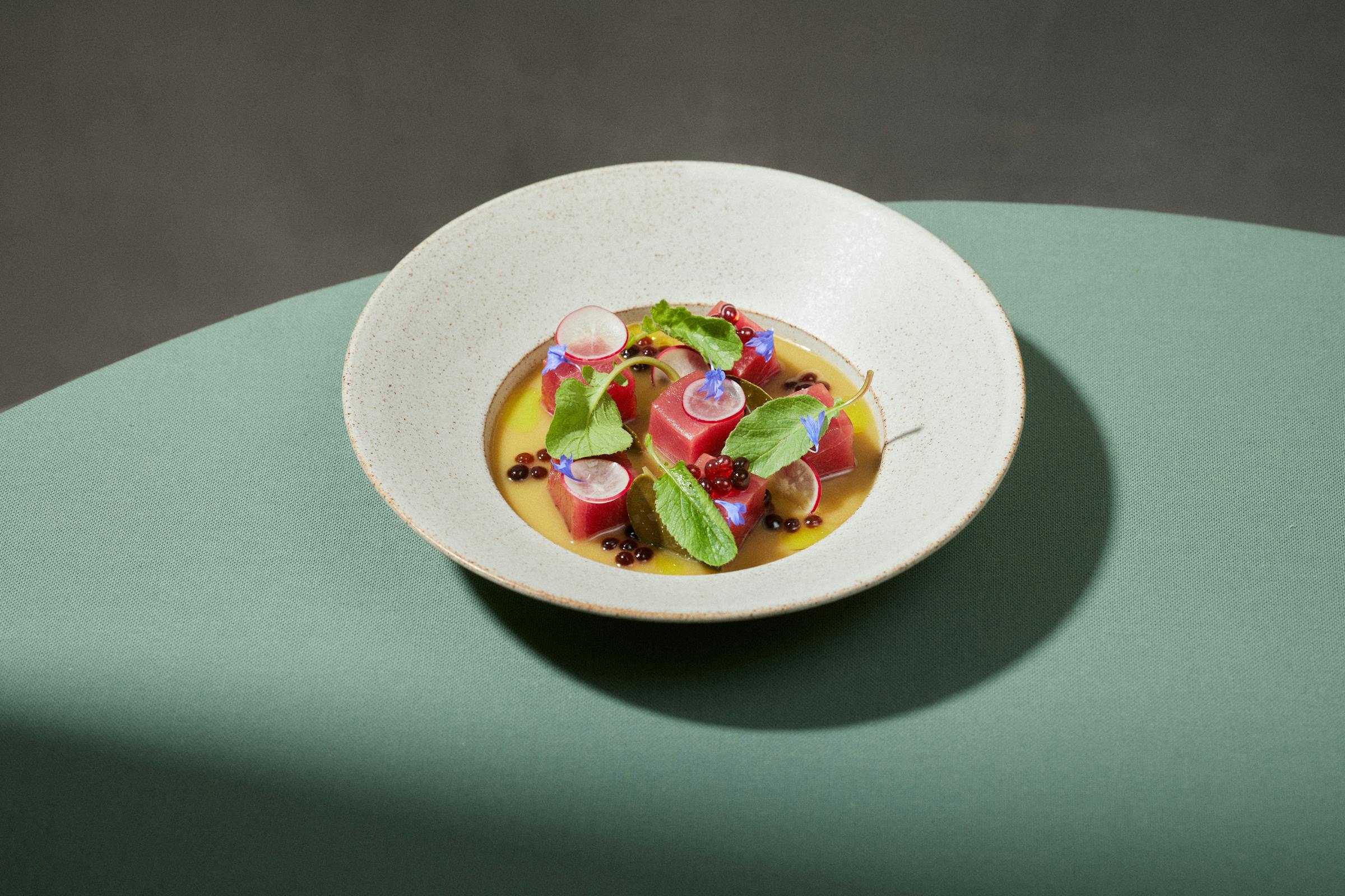 Plate with raw tuna fish and radish on a green table cloth