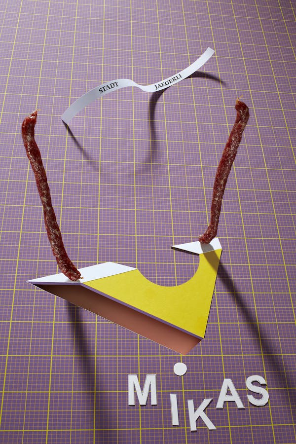 Two dry sausages in a graphic environment made of purple paper with a millimetre grid