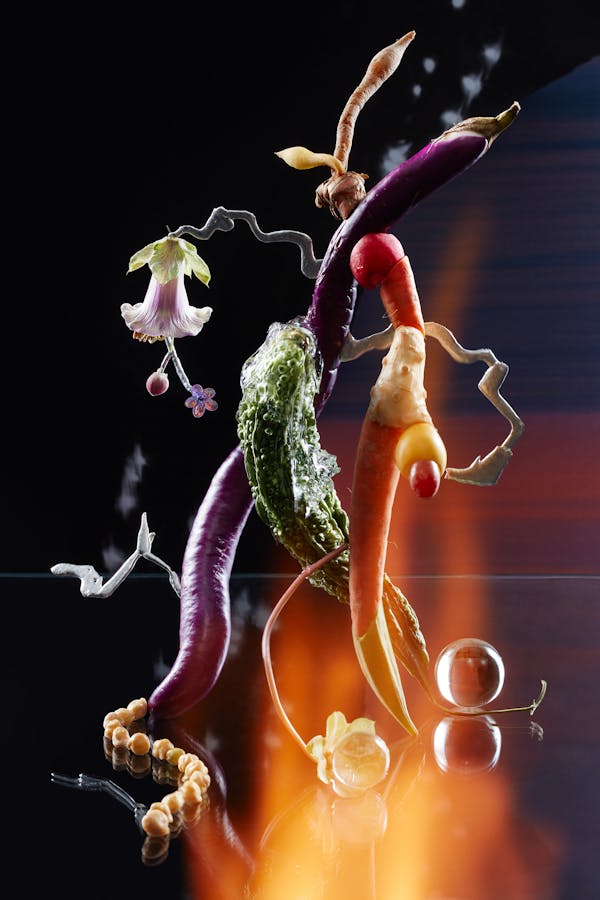Sculpture made of several vegetables in front of a dark background with fire
