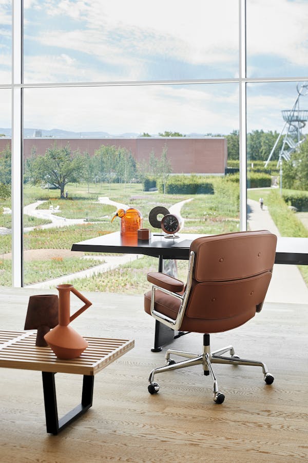 Desk with office chair overlooking Piet Oudolf's garden