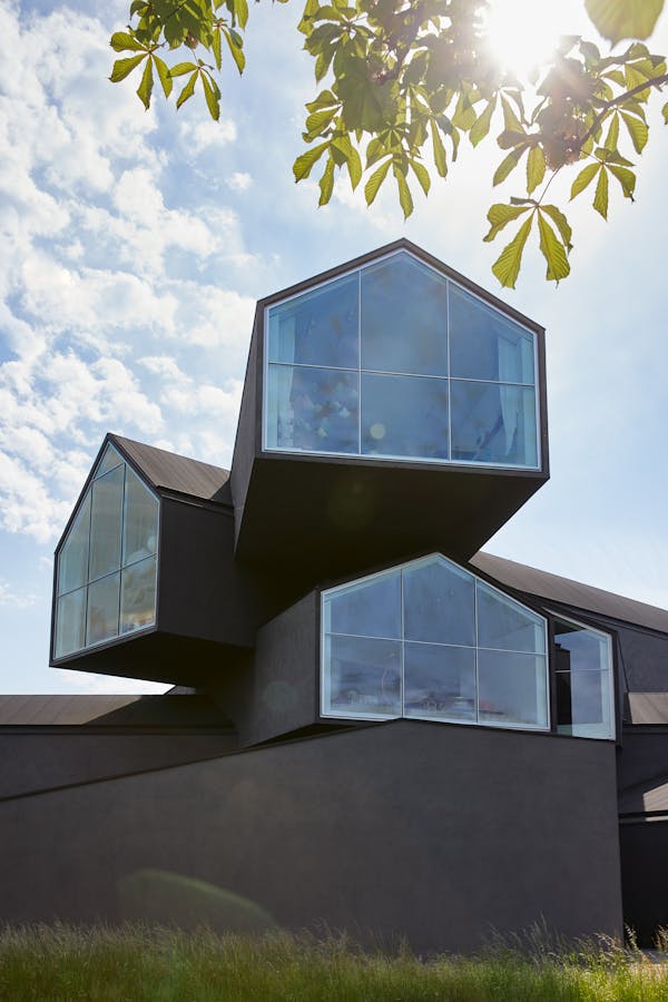 Architectural detail of the Vitra House against a blue sky