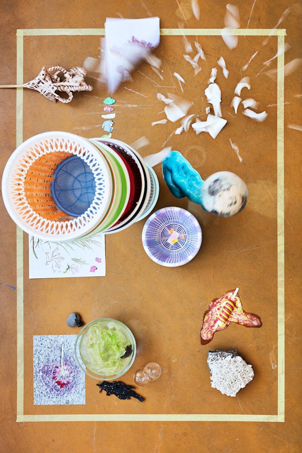 Bird's eye with a moodboard of curated objects by textile designer and ceramicist Estelle Gassmann