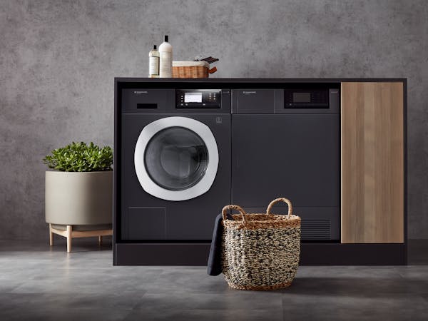 Washing machine and tumble dryer in a built-in cupboard with washing accessories