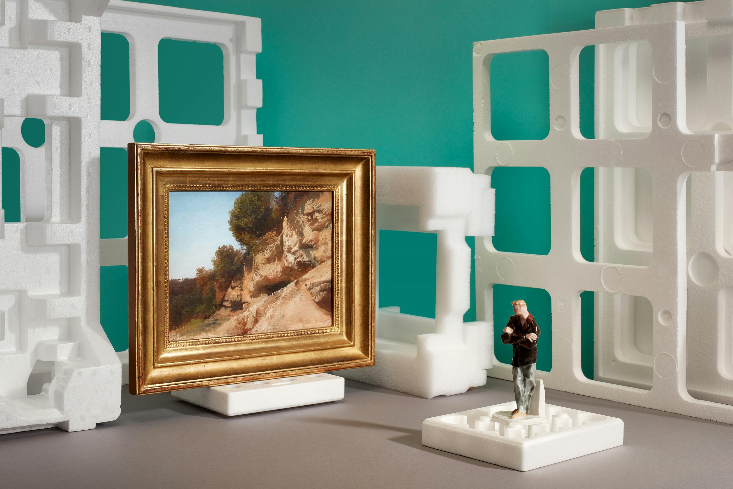 Classic oil painting with a miniature man made out of ceramics standing in a set design made out of white styrofoam objects