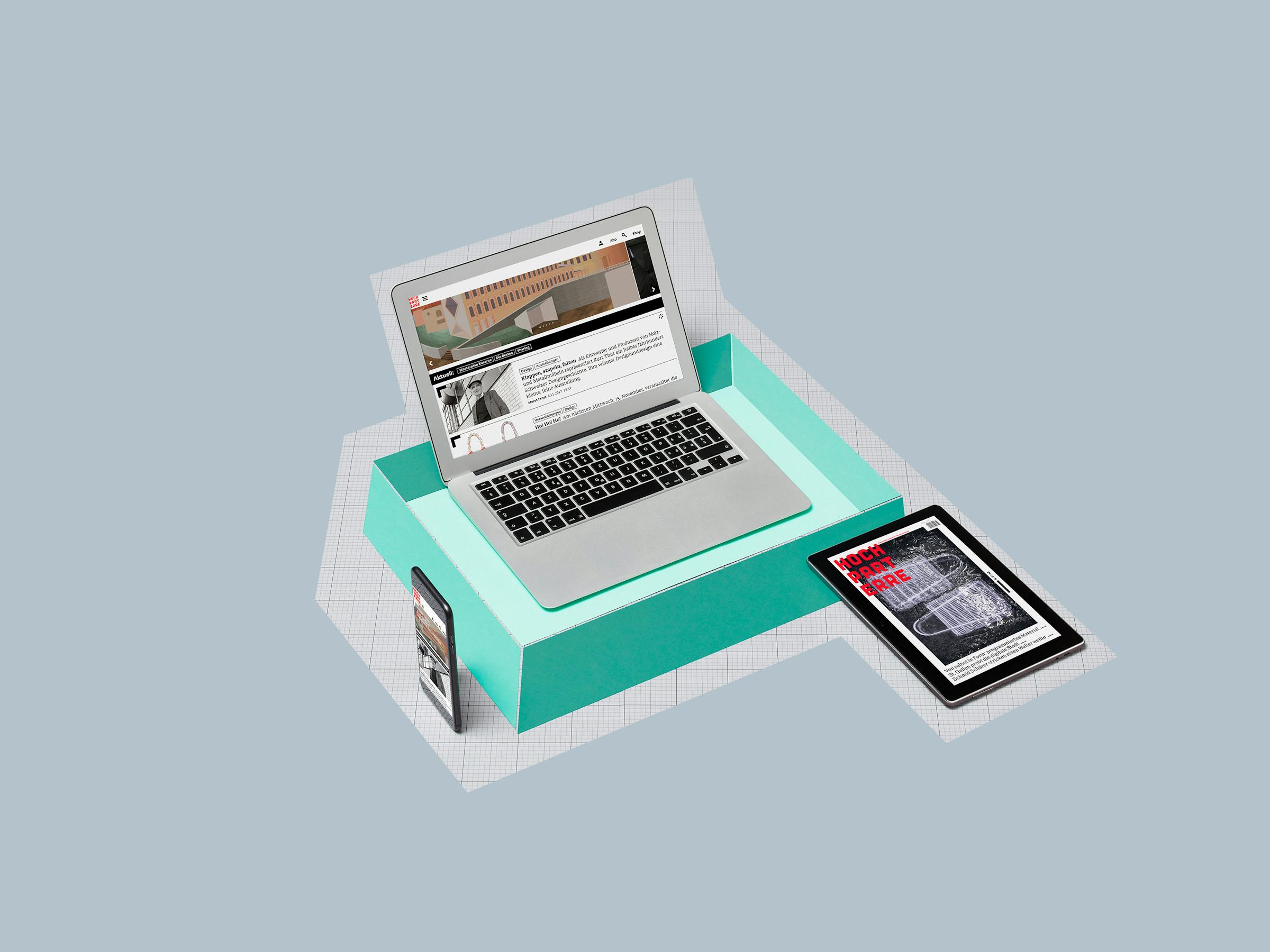 A smartphone, a laptop and a tablet with digital versions of Hochparterre magazine in a colourful graphic setting.