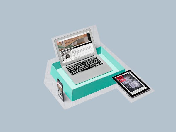 A smartphone, a laptop and a tablet with digital versions of Hochparterre magazine in a colourful graphic setting.