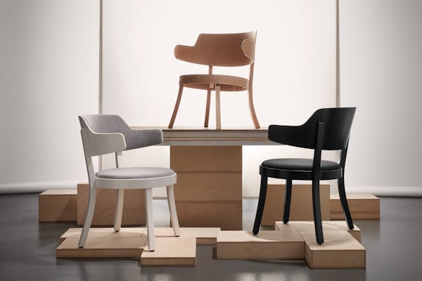 Three versions of the Seley armchair by Frédéric Dedelley for HorgenGlarus against a white background
