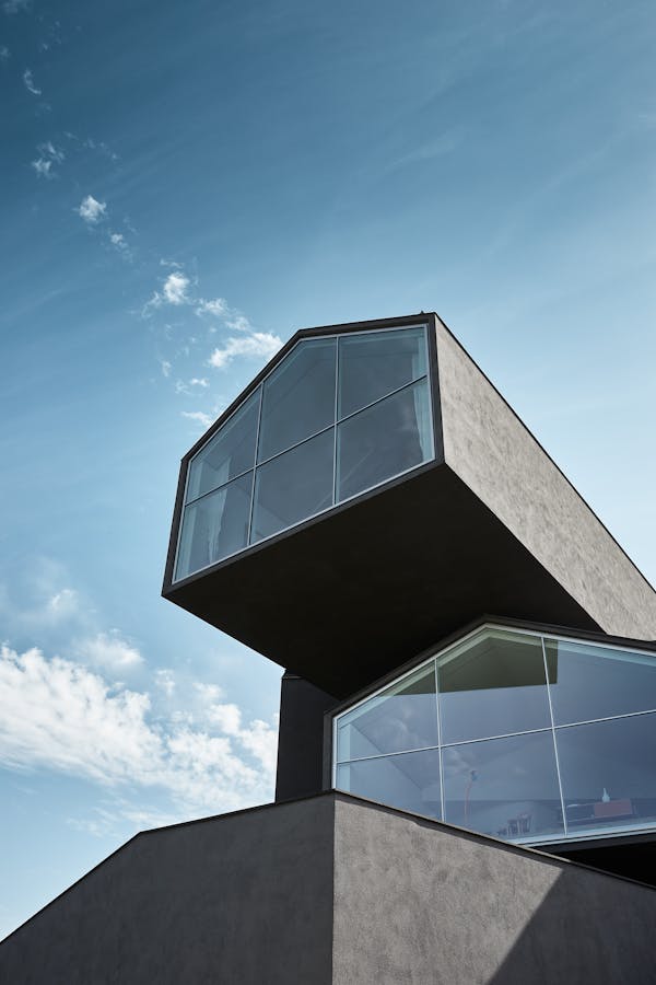 Architectural detail of the Vitra House against a blue sky