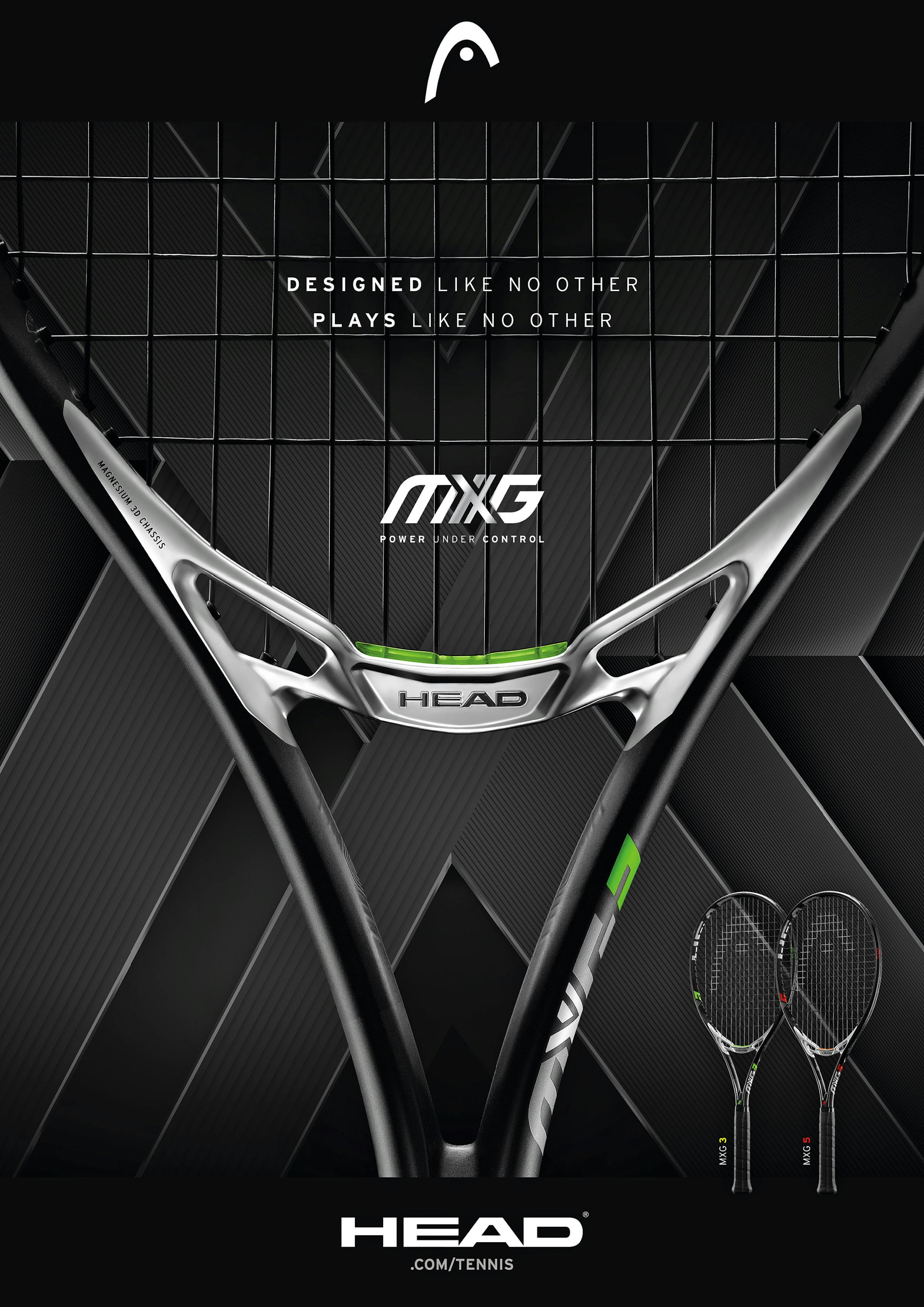 Packshot of a new Head MXG tennis racket in black on a black background