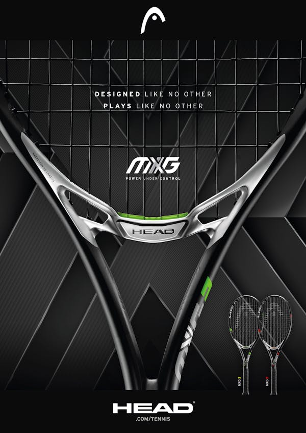 Packshot of a new Head MXG tennis racket in black on a black background