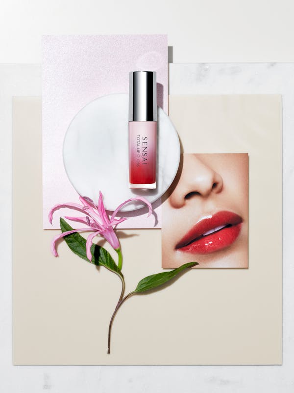 Collage of lip gloss with a flower and a close-up of a woman's lips painted red