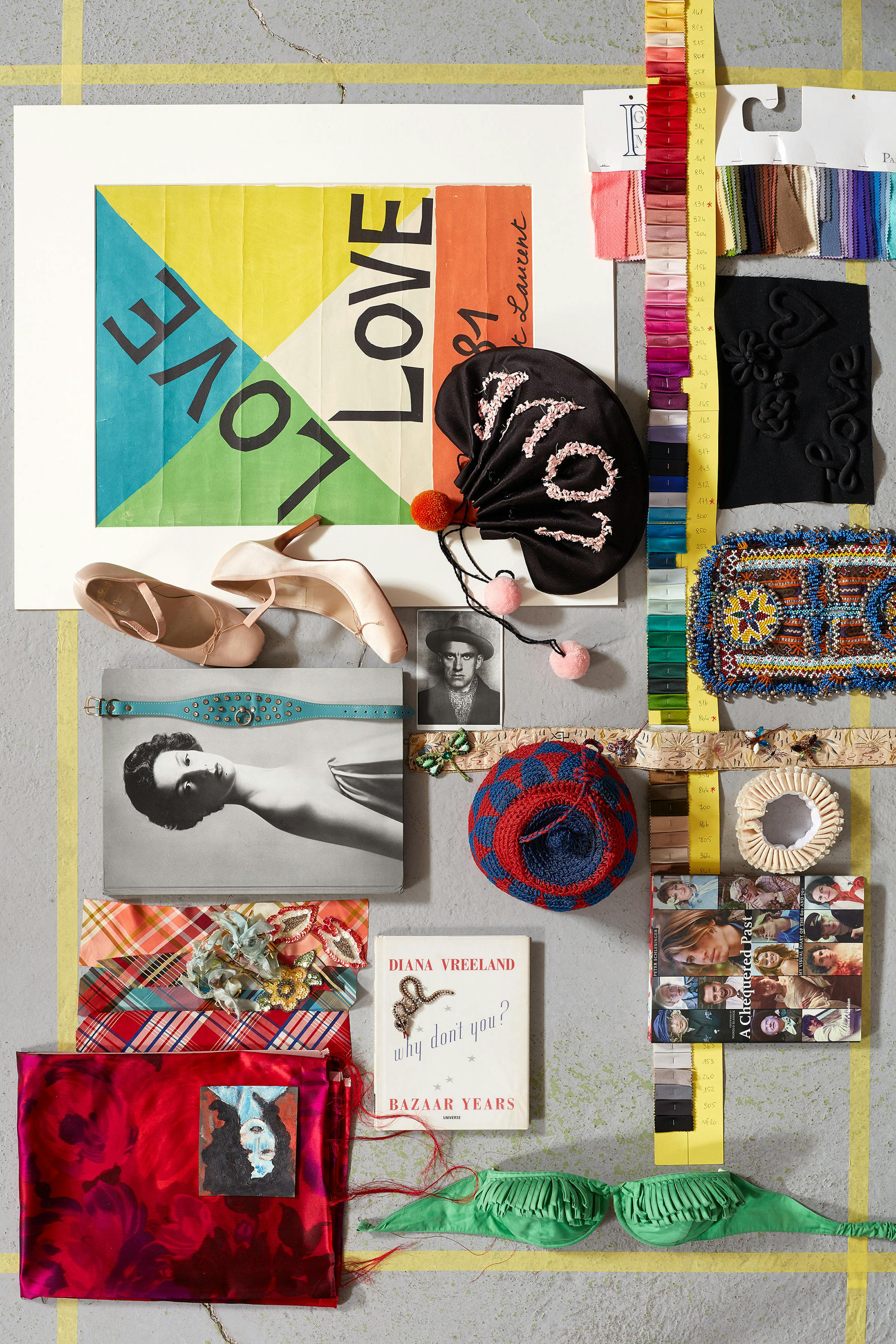 Bird's eye with a moodboard of curated objects by fashon designer Heiner Wiedemann