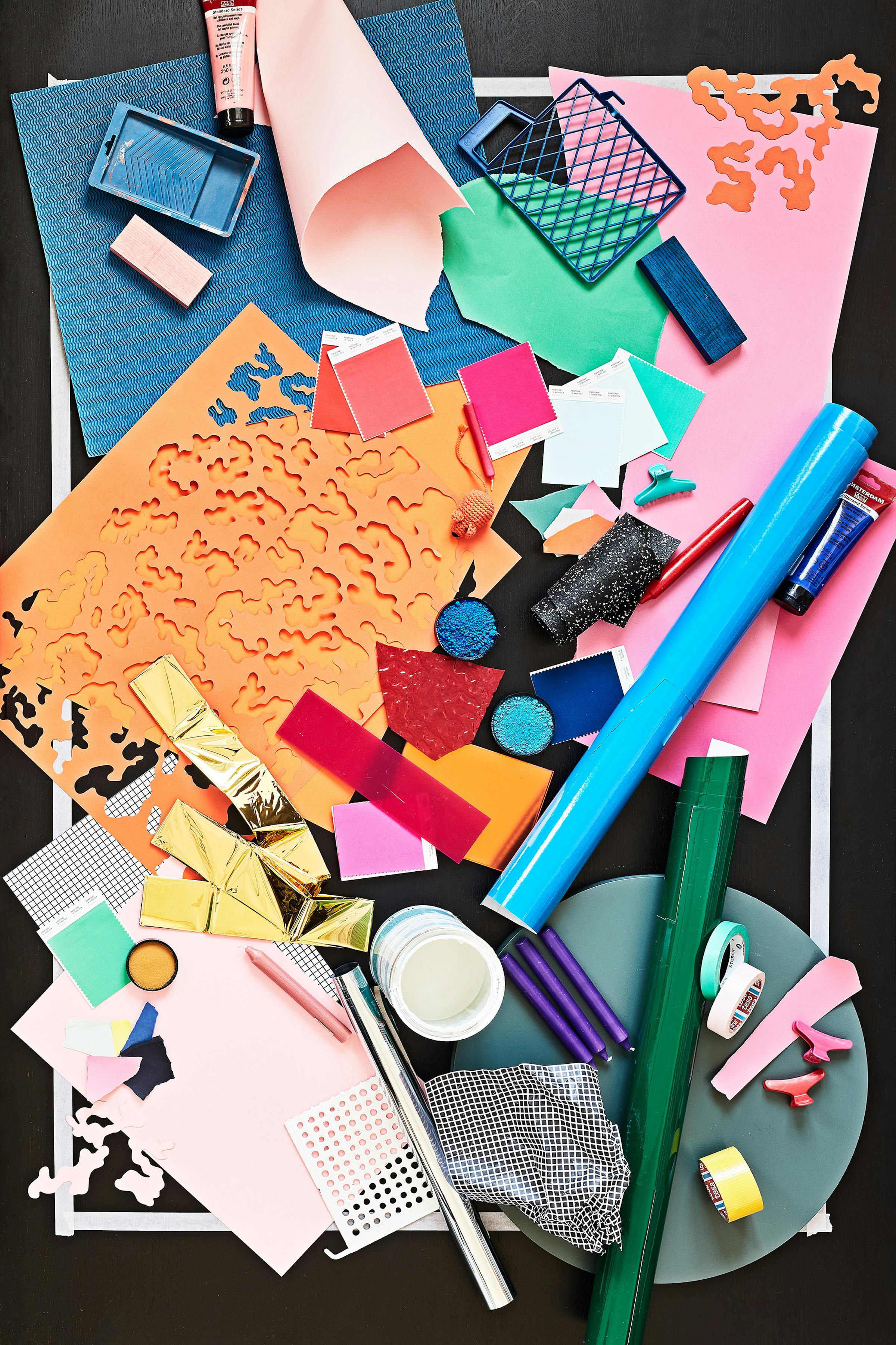 Bird's eye with a moodboard of curated objects by textile designer Mara Tschudi