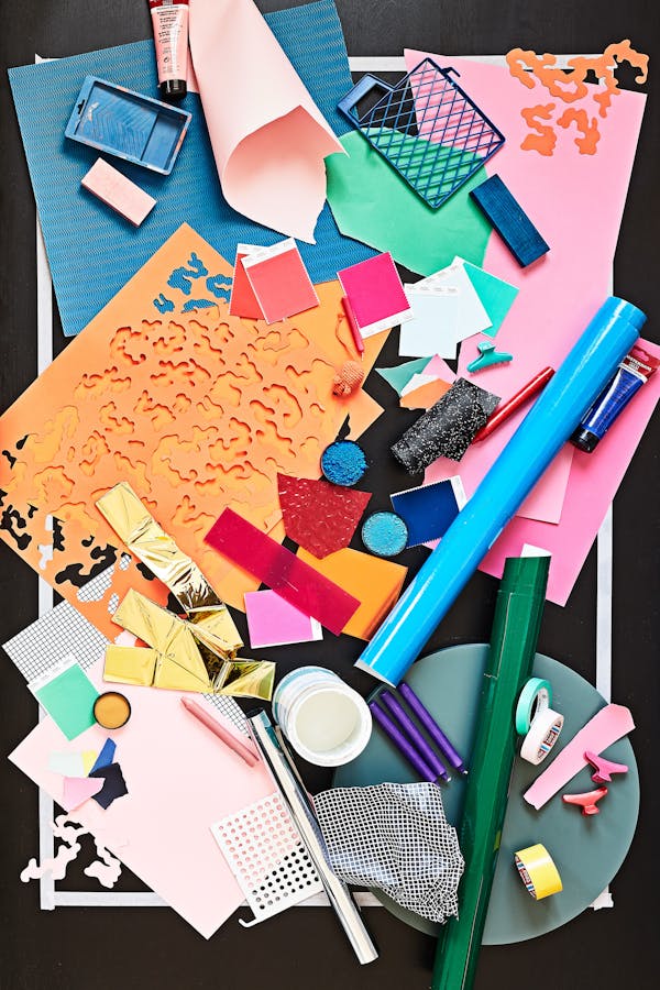 Bird's eye with a moodboard of curated objects by textile designer Mara Tschudi