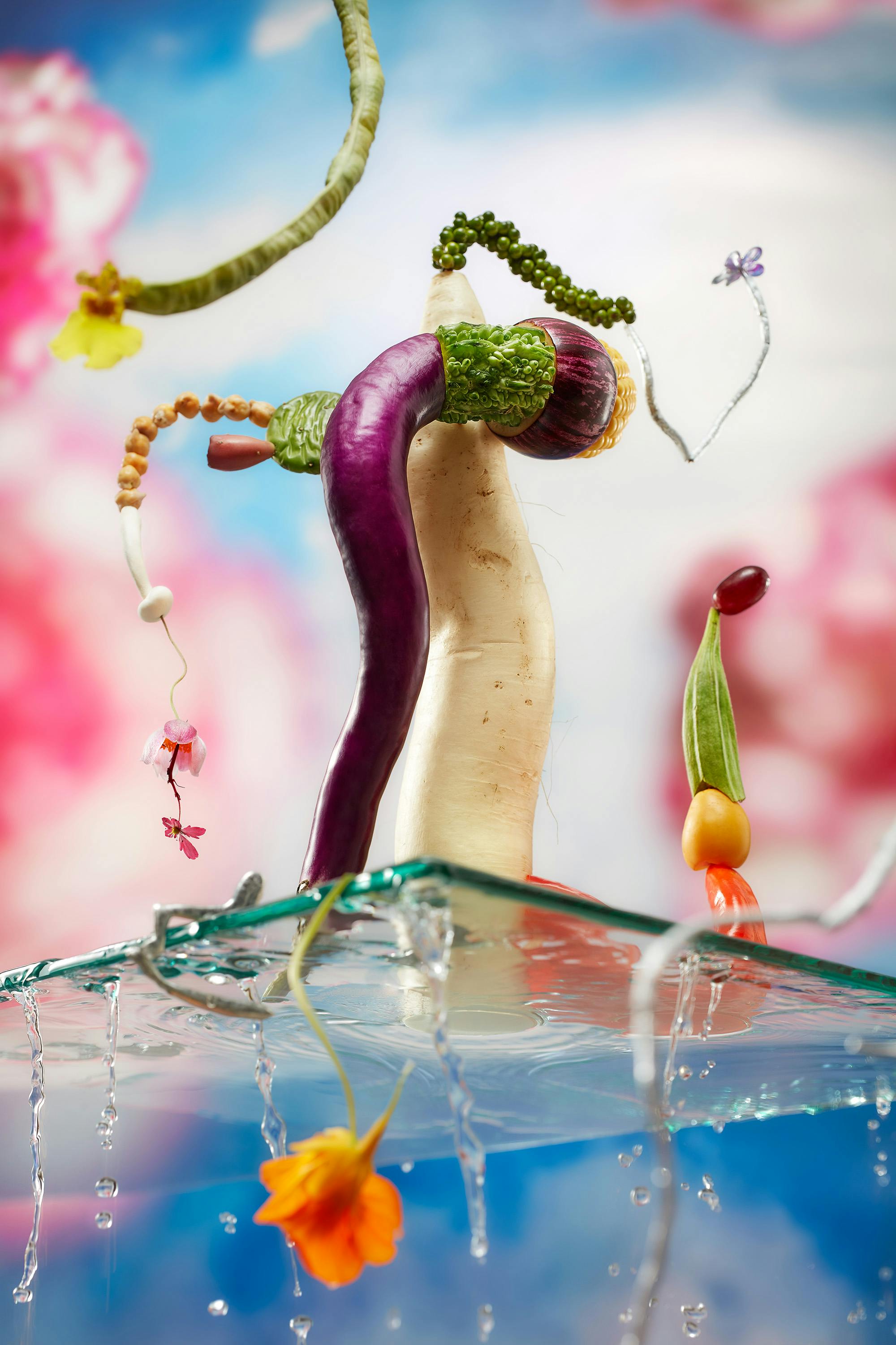 Sculpture made of several vegetables on a glass pane in front of a colourful background with water
