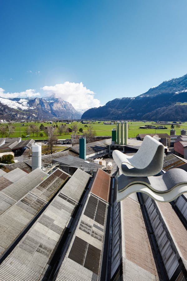 View over the Eternit factory roofs of Swisspearl in Niederurnen