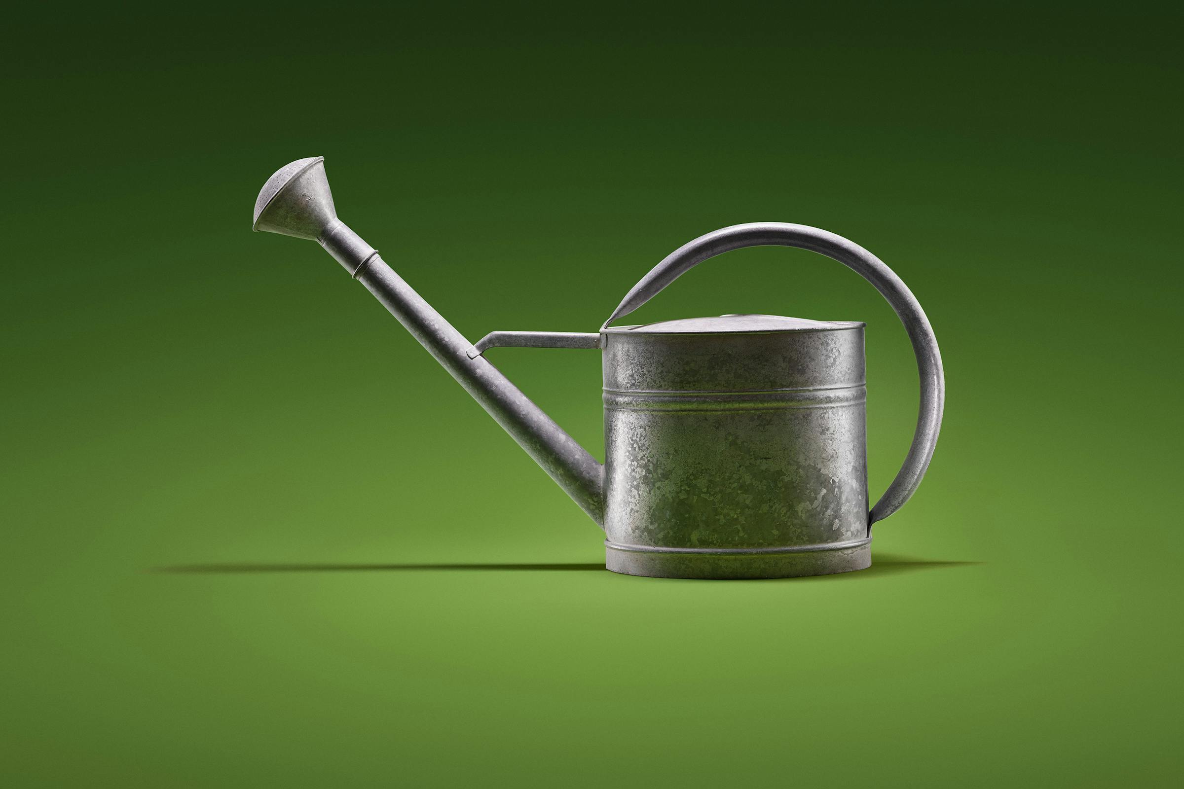 Packshot of a watering can on a green background