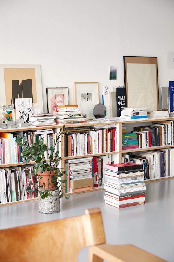 Long sideboard made of MDF filled with many art books
