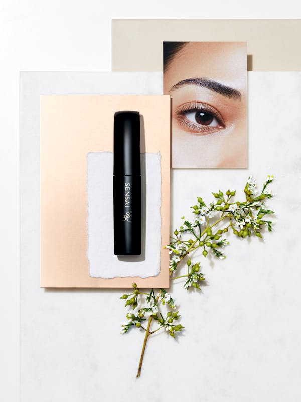 Collage of mascara with a plant branch and a close-up of eyelashes