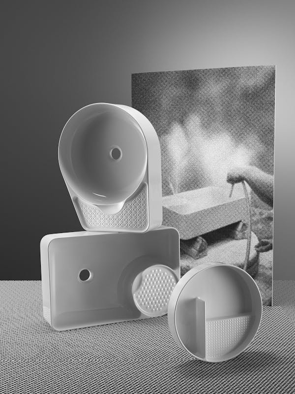 Arrangement of wash basins by German designer Konstantin Grcic produced by Laufen