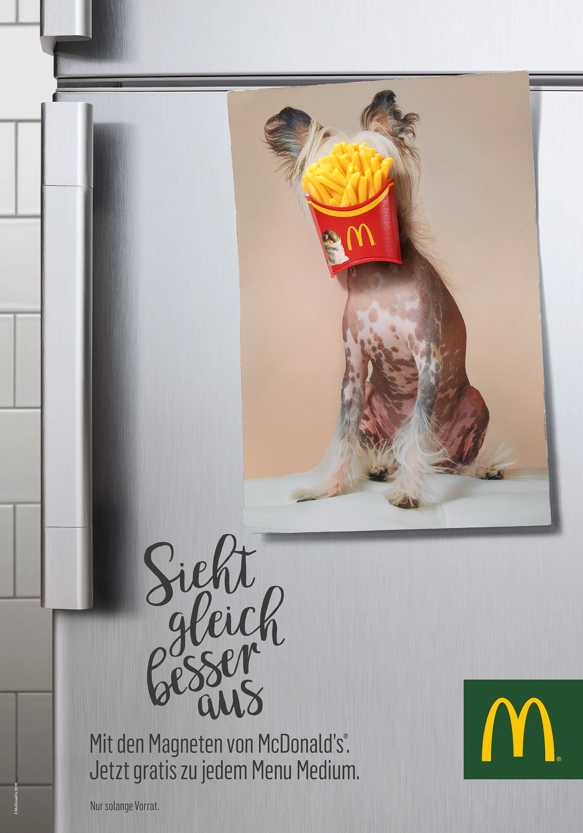 Postcard on a fridge with a magnet in the shape of French fries on it